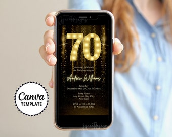 70th Birthday Digital Invitation: Gold & Black Evite (Canva Template)