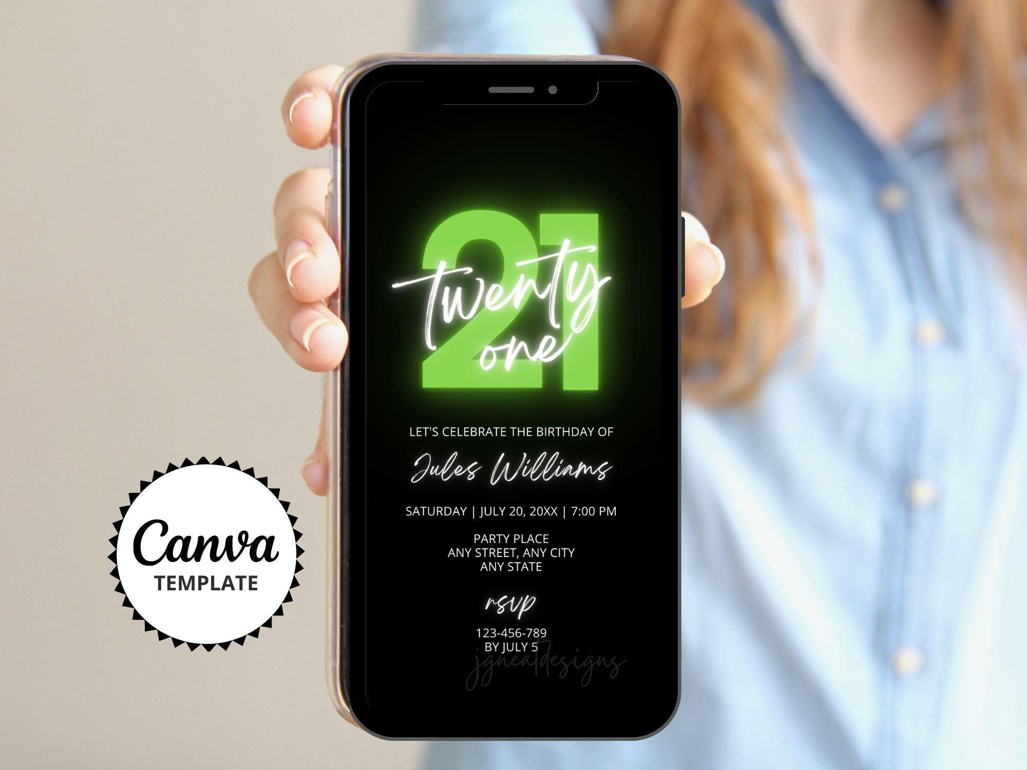 Neon Green Birthday Invitation: Electronic Canva Template (Digital)