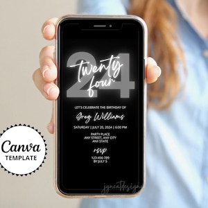 Invitación a cena de cumpleaños en gris neón: para cualquier edad, con plantilla de Canva (Evite)
