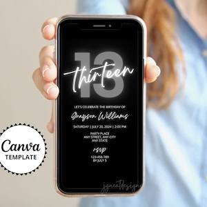 13th Gray Birthday Digital Invite, Teens Neon Gray Black Phone Invitation, Thirteen Birthday Party Evite, Any Age Birthday Canva Template