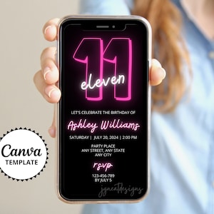 11th Birthday Invitation, Canva Template Editable, Eleventh Birthday Girl, Neon Pink and Black Digital Invitation, Kids Text Party Invite
