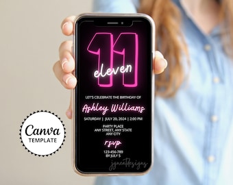11th Birthday Invitation, Canva Template Editable, Eleventh Birthday Girl, Neon Pink and Black Digital Invitation, Kids Text Party Invite