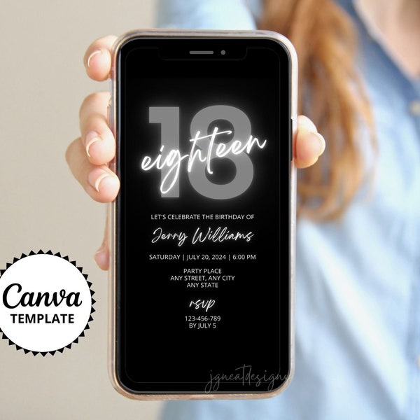 18th Birthday Digital Invite for Phone, Eighteen Birthday Party Evite, Teen Adult Party, Neon Grey Black Invitation, Any Age Canva Template