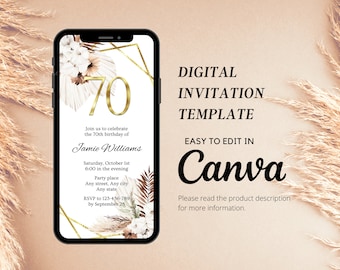 70th Birthday Electronic Invitation, Canva Template, Birthday Digital Invitation, Boho Pampas Gold Evite, Seventieth Birthday Invite