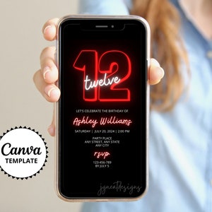 Rode 12e verjaardag digitale uitnodigen, rode neon en zwarte telefoon uitnodiging, bewerkbare Canva sjabloon, Kid verjaardagsfeestje meisje en jongen uitnodigen