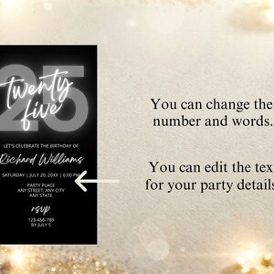 25th Birthday Invite, Gray and Black Editable Digital Invitation, DIY Canva Template image 4