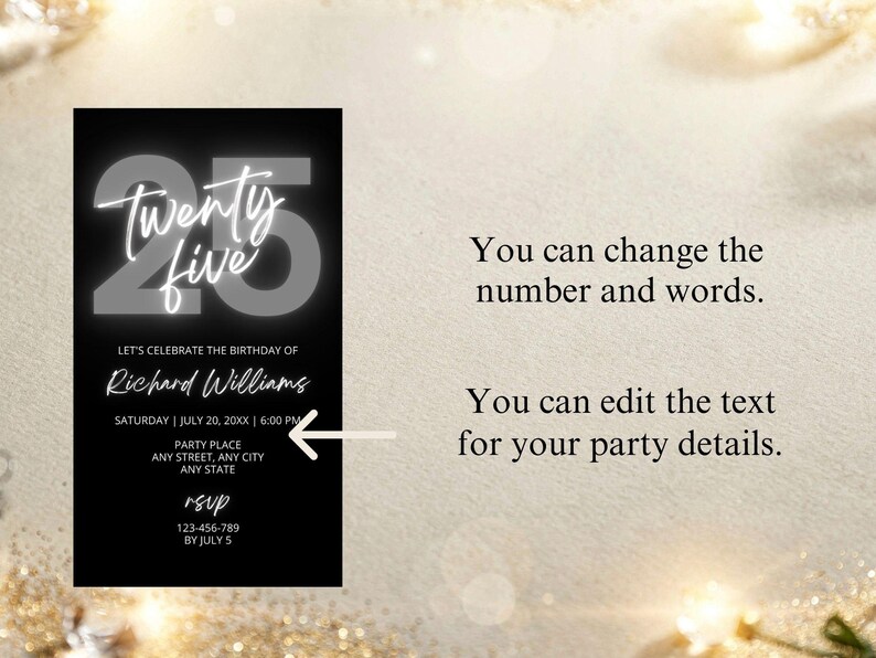 25th Birthday Invite, Gray and Black Editable Digital Invitation, DIY Canva Template image 4