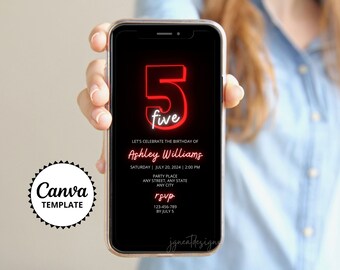 Red Neon 5th Birthday Invitation: Phone Evite Canva Template (Digital)
