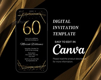 60th Male Birthday Digital Invitation, Black Gold Evite, Canva Editable Template, Thirtieth Birthday Evite