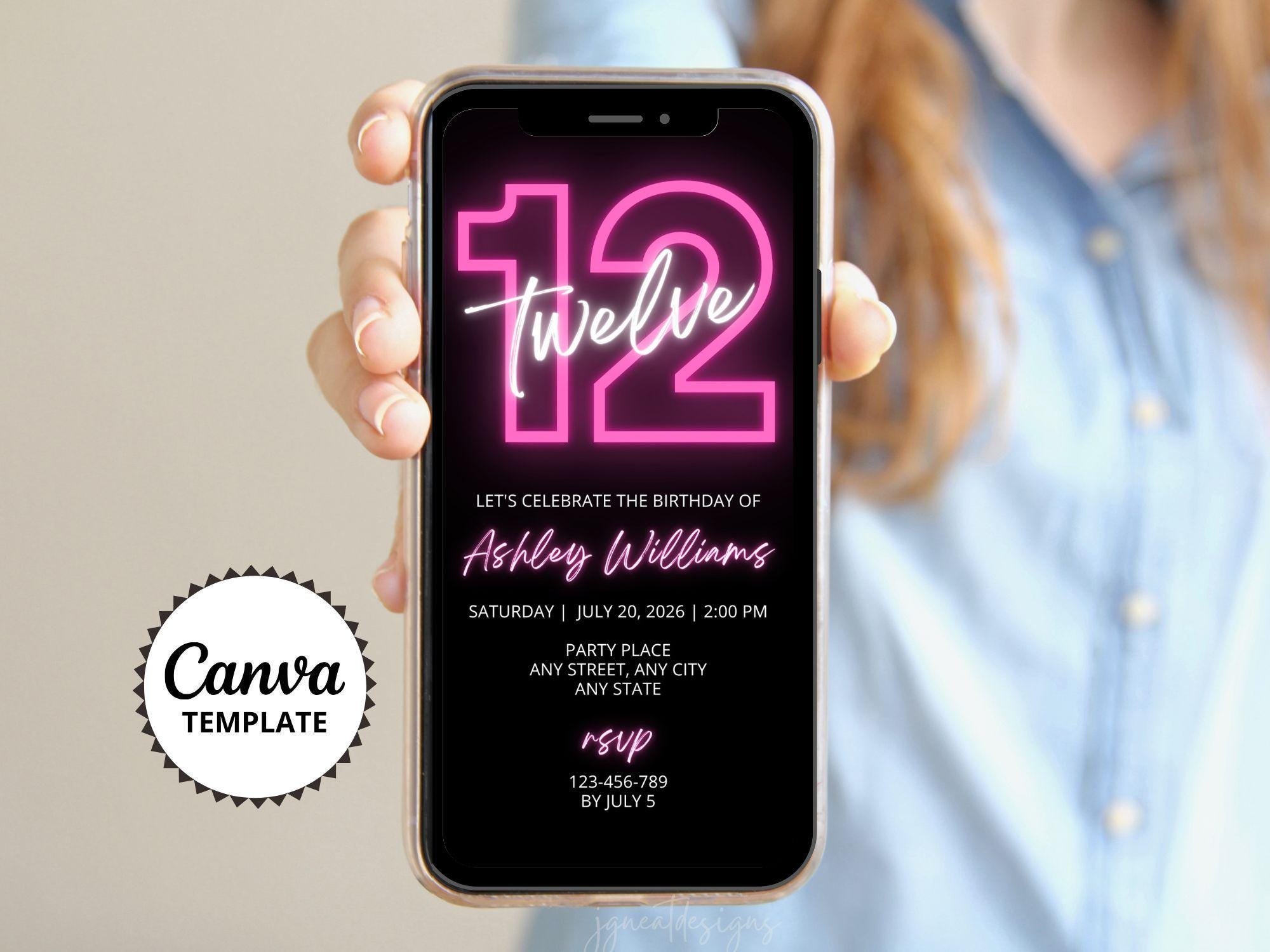 12th Birthday Invitation, Pink and Black Neon Digital Invitation, Text ...