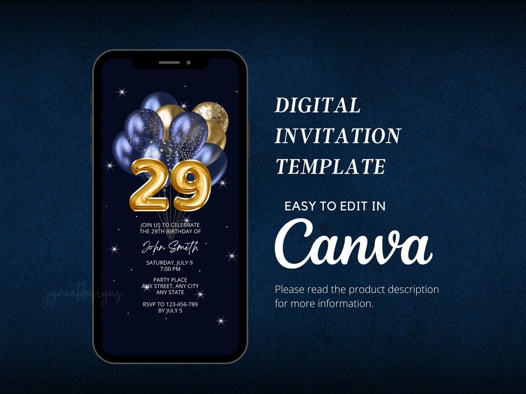 29th Birthday Invitation, Canva Template, Editable Invitation