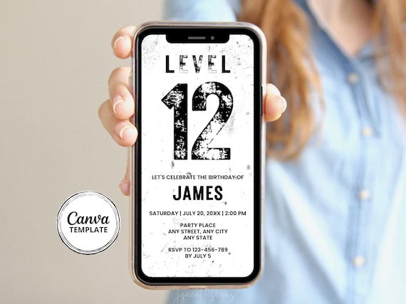 12th Birthday Digital Invitation | Level 12 Black & White Grunge Gamer Party Digital Invite | Editable Canva Template