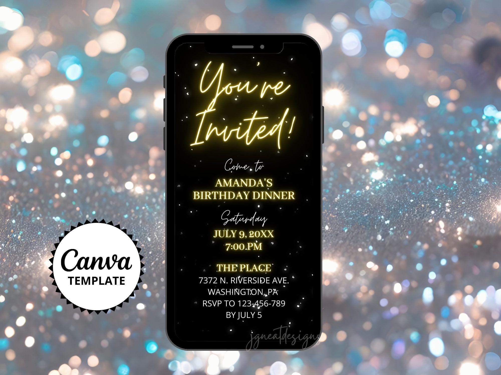 Birthday Dinner Invitation, Gold & Black Evite, Simple Text Editable Canva Template, Minimalist Evite