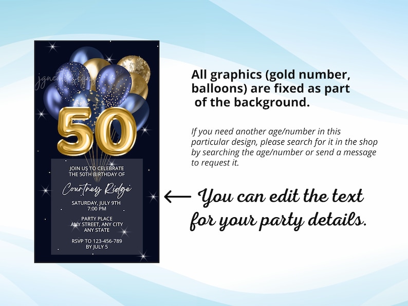 50th Birthday Invitation, Adult Digital Birthday Party Invitation, Fiftieth Birthday Evite, Text Email Invitation, Canva Editable Template image 2