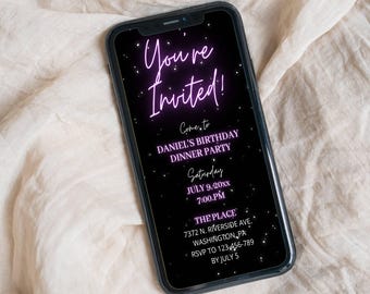 Invitación a cena de cumpleaños en negro y morado / Fiesta de cumpleaños para adultos / Plantilla editable de Canva