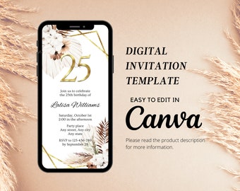 25th Birthday Digital Invitation, Canva Editable Template, Boho Pampas Gold Evite, Twenty Fifth Birthday Invite, Sister Birthday Invitation
