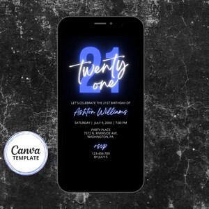 Invito per il 21° compleanno, invito mobile per compleanno blu e nero, modello Canva per qualsiasi età, testo modificabile immagine 2