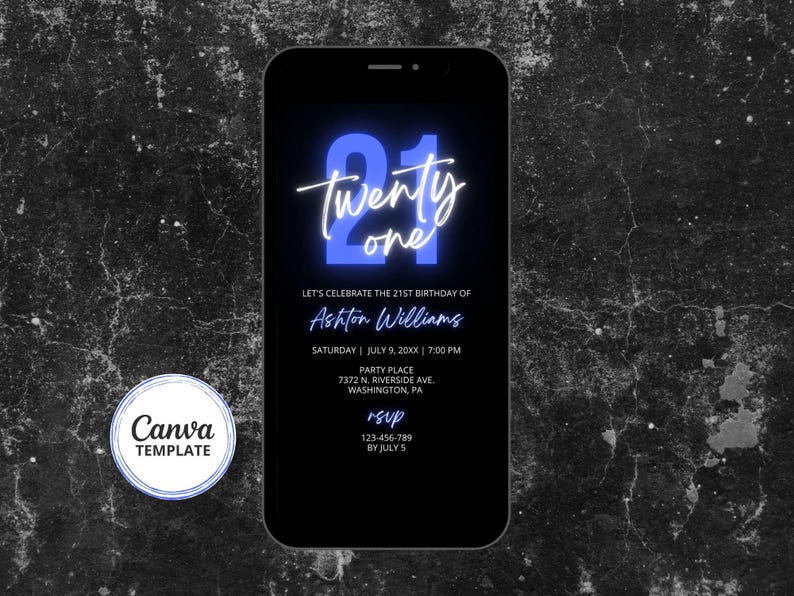 Invito per il 21° compleanno, invito mobile per compleanno blu e nero, modello Canva per qualsiasi età, testo modificabile immagine 2