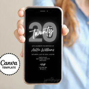 20th Birthday Digital Invite for Phone, Twentieth Birthday Party Evite, Adult Party Neon Grey Birthday Invitation, Any Age Canva Template