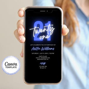 Invito per il 21° compleanno, invito mobile per compleanno blu e nero, modello Canva per qualsiasi età, testo modificabile immagine 3
