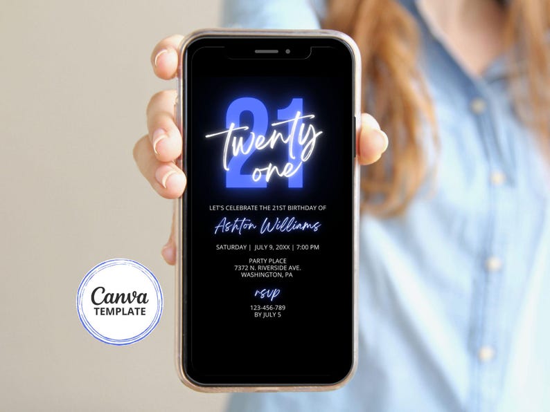 Invito per il 21° compleanno, invito mobile per compleanno blu e nero, modello Canva per qualsiasi età, testo modificabile immagine 3