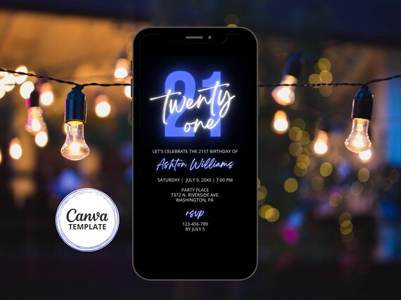 21st Birthday Invitation, Blue and Black Birthday Mobile Invitation, Any Age Canva Template, Editable Text