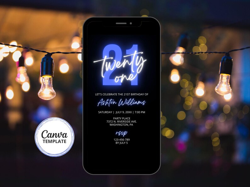Invito per il 21° compleanno, invito mobile per compleanno blu e nero, modello Canva per qualsiasi età, testo modificabile immagine 1
