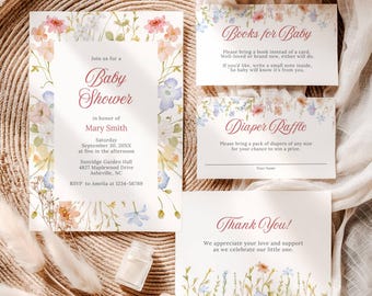 Babyshower met wilde bloemen in pastelkleuren | 5 × 7-uitnodiging + inlegvellen, bedankkaarten en label | Bewerkbare canvassjablonen | BSWFA: