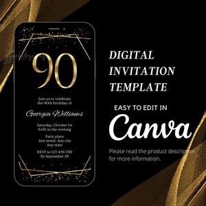 Invito digitale per il 90° compleanno, Invito per il compleanno dei nonni, Evite in oro nero, Modello modificabile Canva, Invito per il novantesimo compleanno,