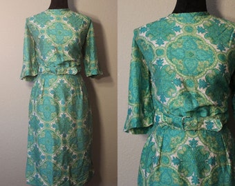 Vintage 1960s Green Paisley Dress with Button Back and Belt by R&K Originals - Size Medium