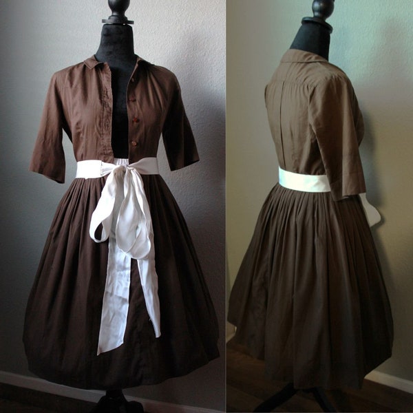 Vintage 1950s Chocolatey Brown Dress with Buttons and Full Skirt