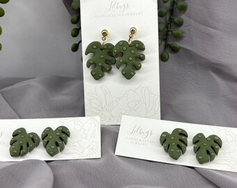 Handmade Monstera Leaf Earrings • Dark Green Polymer Clay, Plant Lover Gift