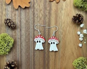 Mushroom Ghost Dangle Earrings | Handmade Polymer Clay Jewelry