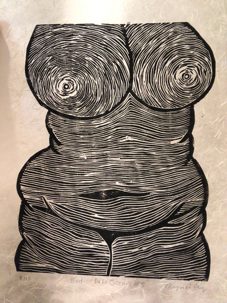 Bodies Like Oceans 3\u2013 Hand Carved Linoleum Block Print