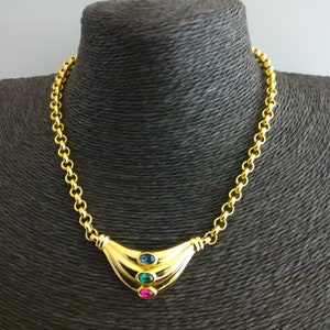 Vintage designer style 1980s yellow gold tone belcher chain bib necklace set with sapphire, emerald and ruby coloured crystals