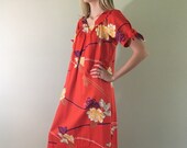 60s 70s Vintage Red Hawaiian House Dress by Sears Hawaiian Fashions Small Medium