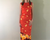 60s 70s Vintage Red OrangeHawaiian Dress Sleeveless with Yellow Hibiscus Pattern XS Small