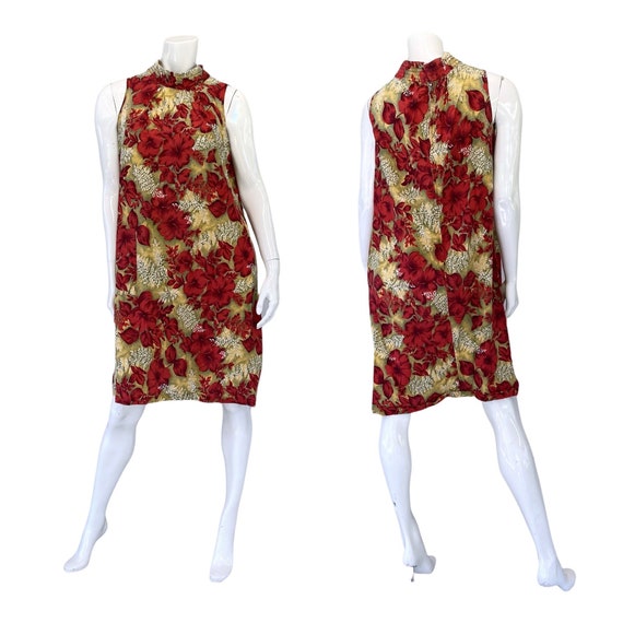 50s 60s Vintage Red and Yellow Hibiscus Belted Sl… - image 2