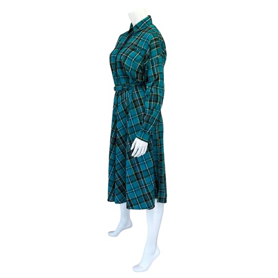 80s Vintage Teal Green Plaid Belted Blouson Dress - image 8
