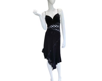 90s Y2K Vintage Lace and Sequin Embellished  Black Dress Made by Eco & Vo