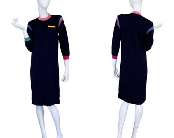 70s 80s Vintage Navy Blue Wool Color Block Sweater Dress