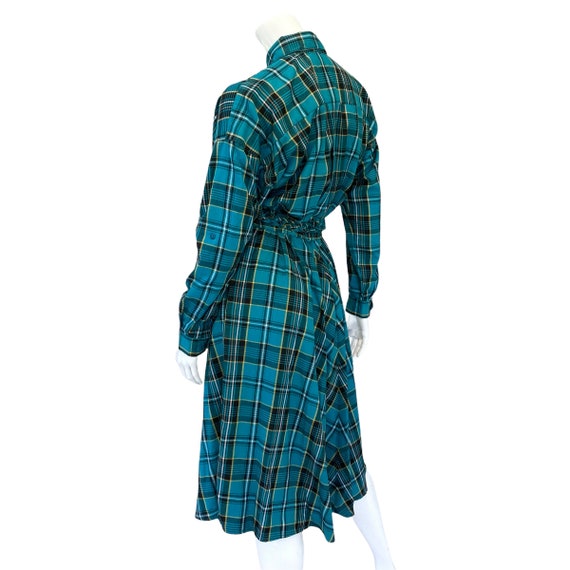 80s Vintage Teal Green Plaid Belted Blouson Dress - image 10