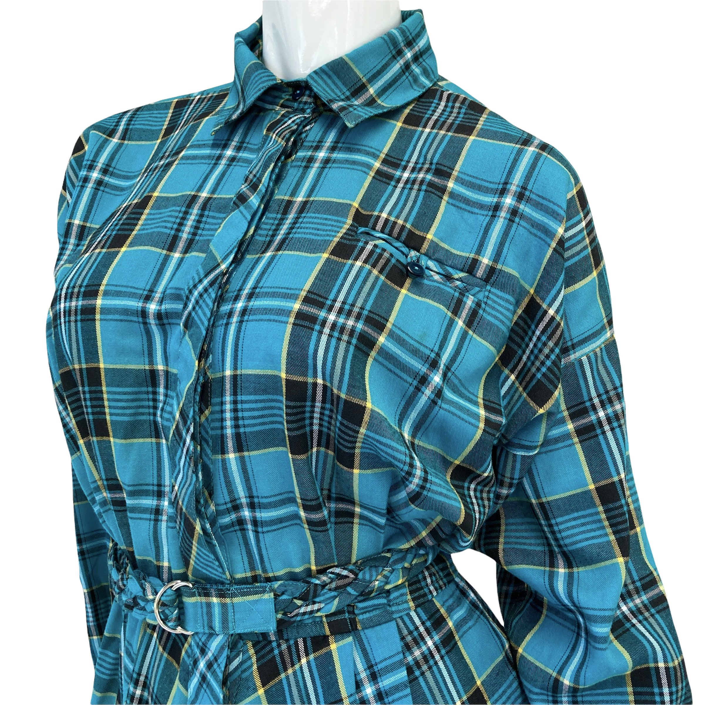 80s Vintage Teal Green Plaid Belted Blouson Dress - image 3