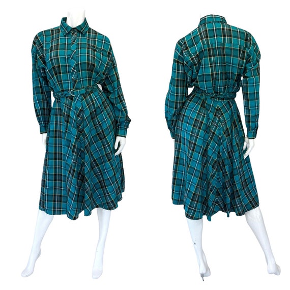 80s Vintage Teal Green Plaid Belted Blouson Dress - image 1