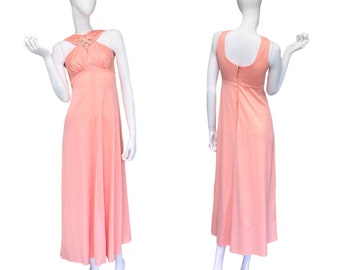 60s Vintage Peach Maxi Dress with Keyhole and Beading XS