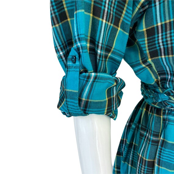 80s Vintage Teal Green Plaid Belted Blouson Dress - image 6