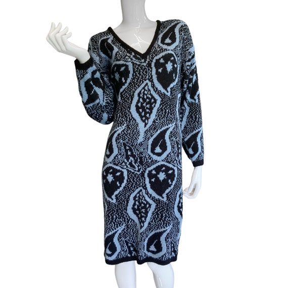 80s Vintage Black and Blue Abstract Sweater Dress… - image 1