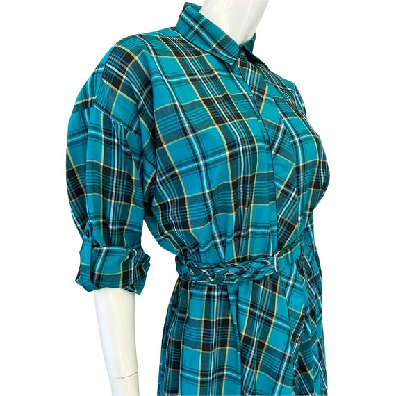 80s Vintage Teal Green Plaid Belted Blouson Dress - image 5