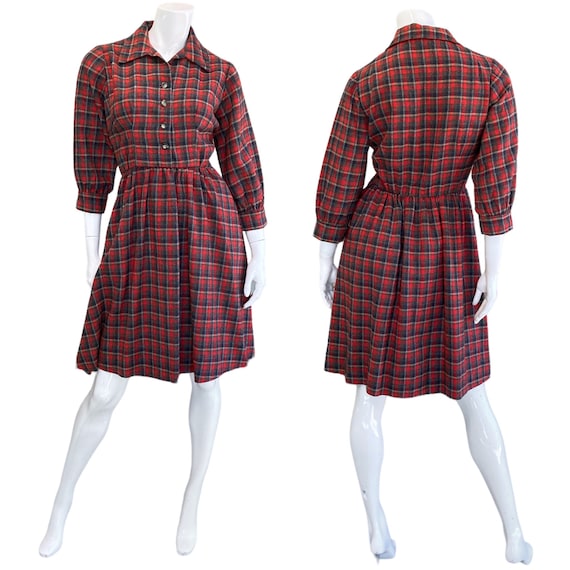 50s 60s Vintage Red Plaid Wool Shirt Dress - image 1