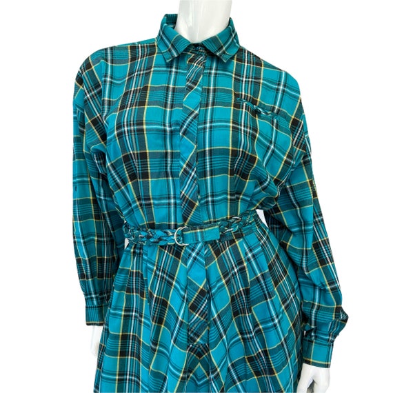 80s Vintage Teal Green Plaid Belted Blouson Dress - image 4